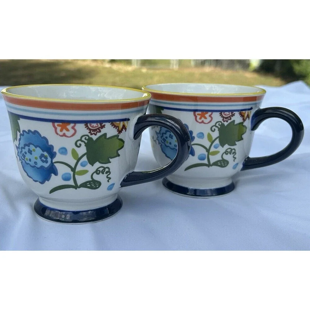 2 Carnigan Fields Threshold Colorful Floral Footed Coffee Tea Stoneware Mugs